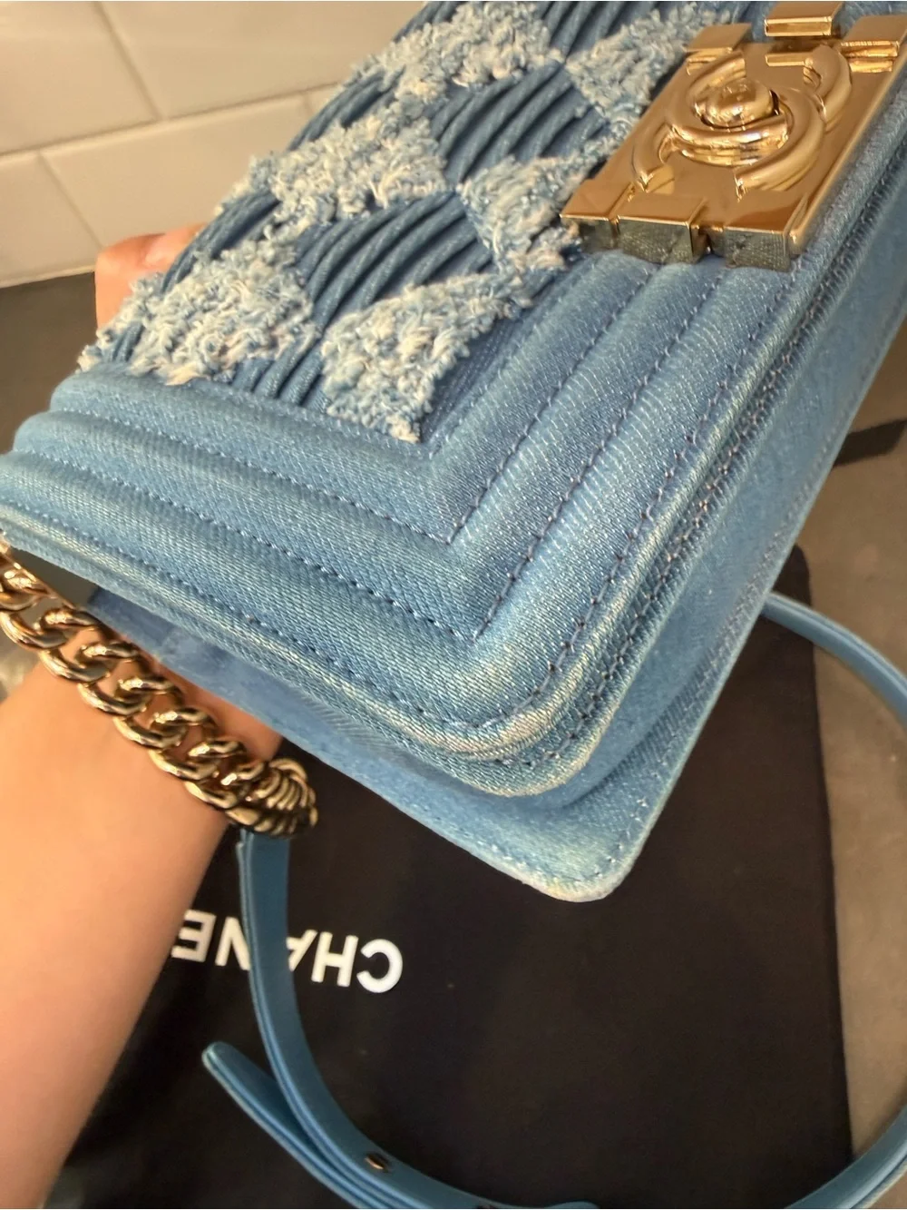 CHANEL Pleated Blue Denim Small Boy Bag with Champagne Gold Hardware